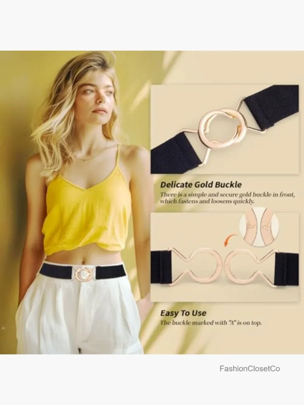 2 Pack Elastic Waist Belts for Women with Gold Buckle, Stretchy Dress Belt